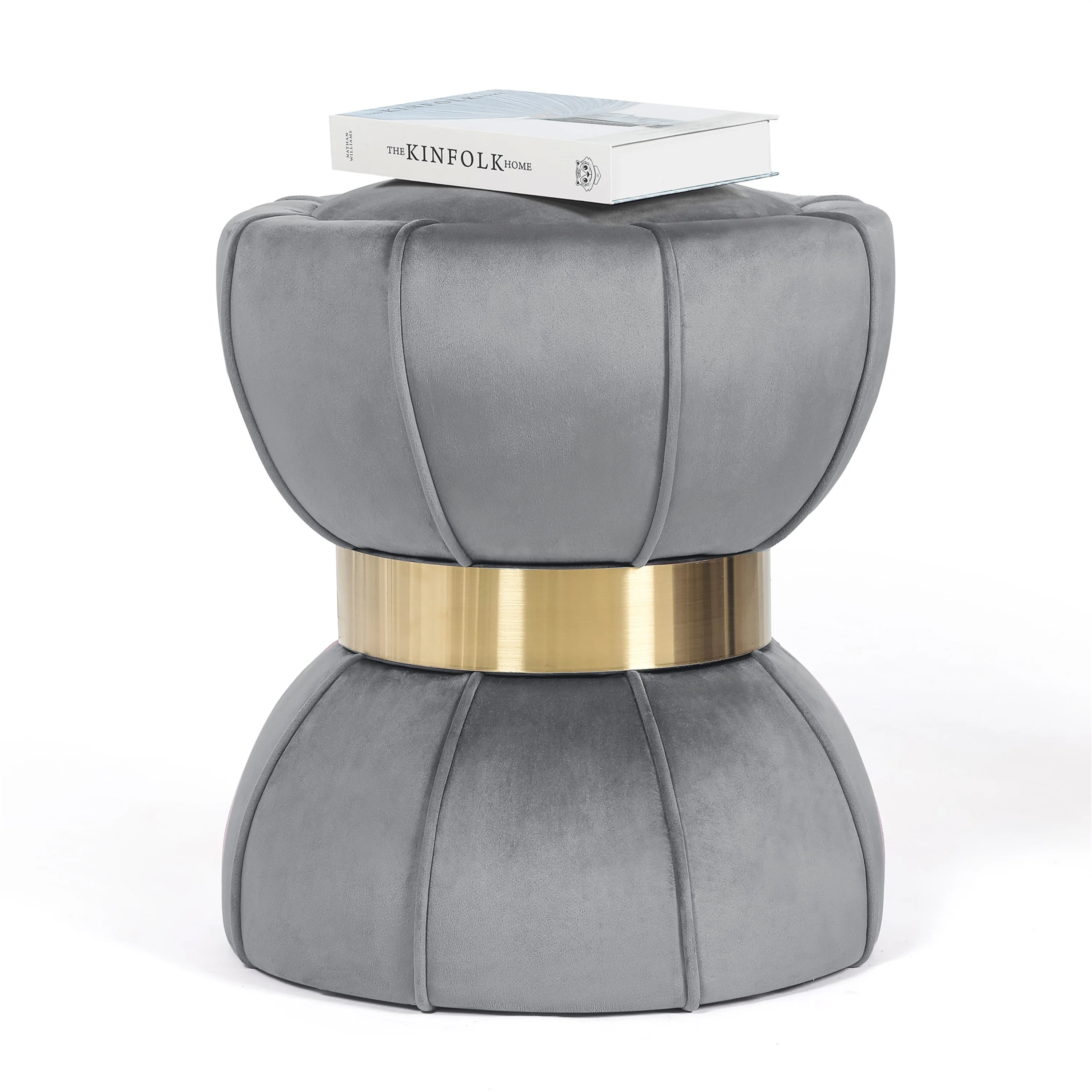 Adeco Modern Velvet Round Ottoman With Gold Metal Band