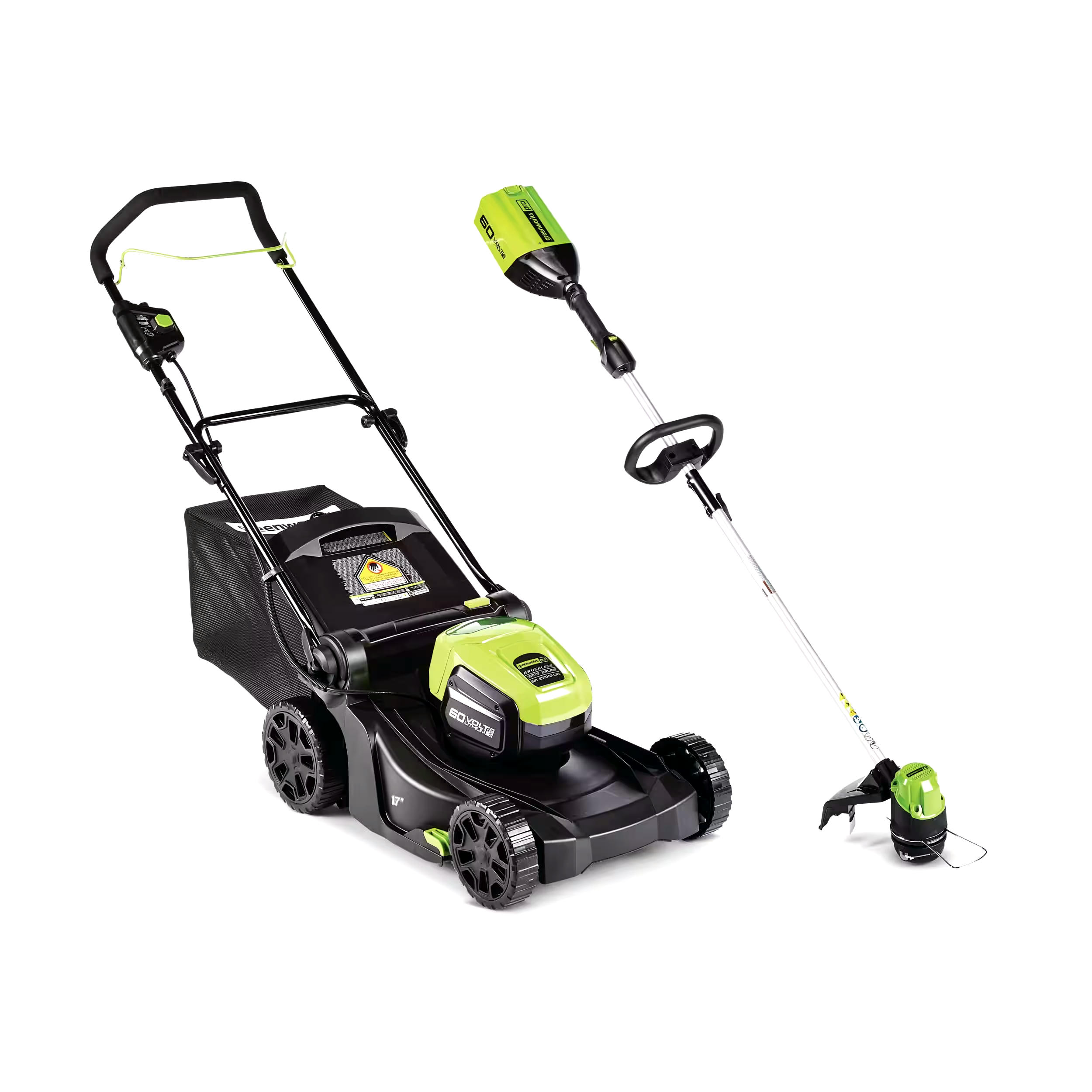 Greenworks 2-in-1 60V 4Ah Battery, Cordless Push Lawn Mower + String Trimmer, 17-in, 13-in
