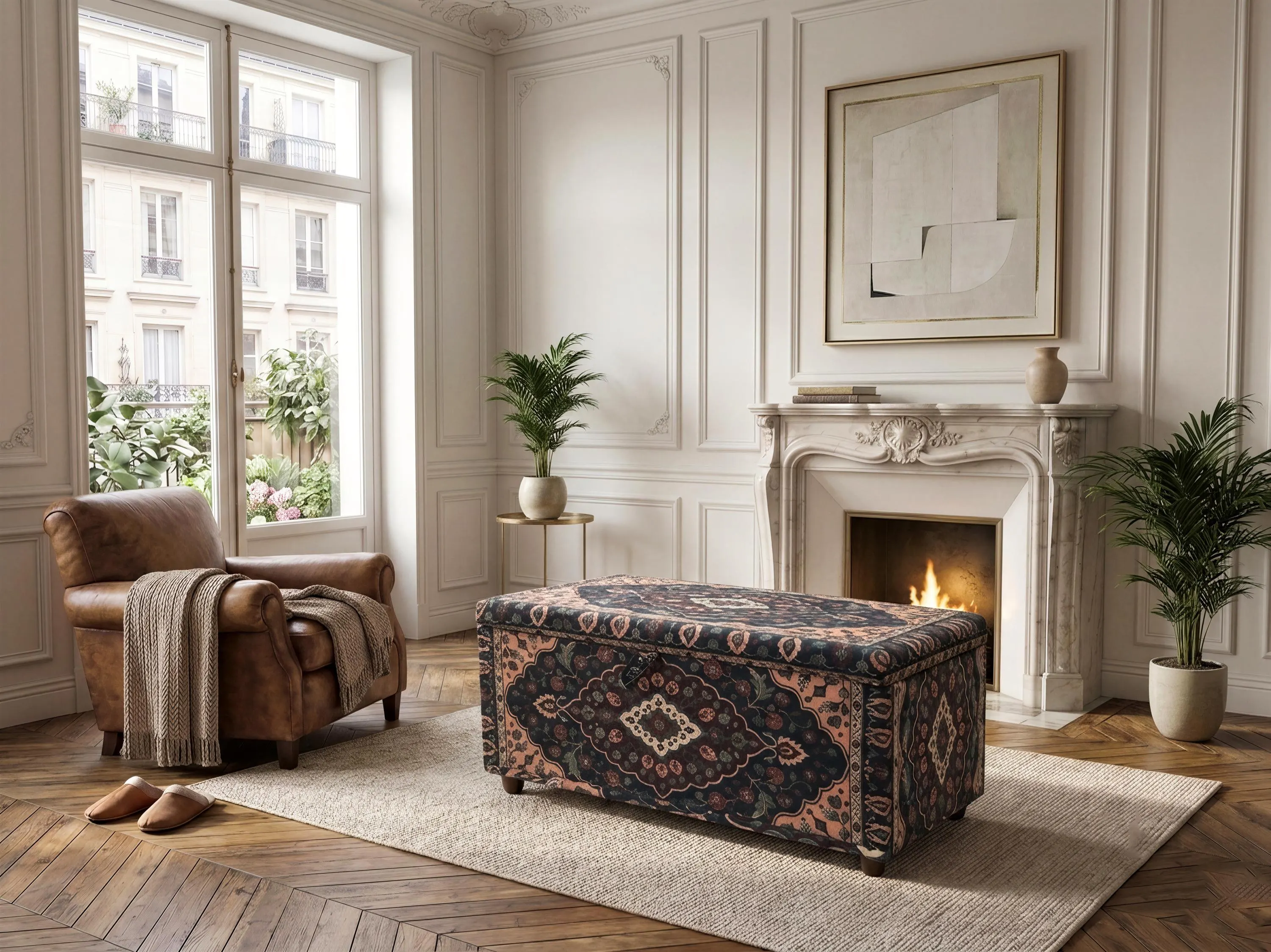 Burgundy Navy Caucasian Storage Bench | Foot of Bed Toy Box | Maximalist Chest