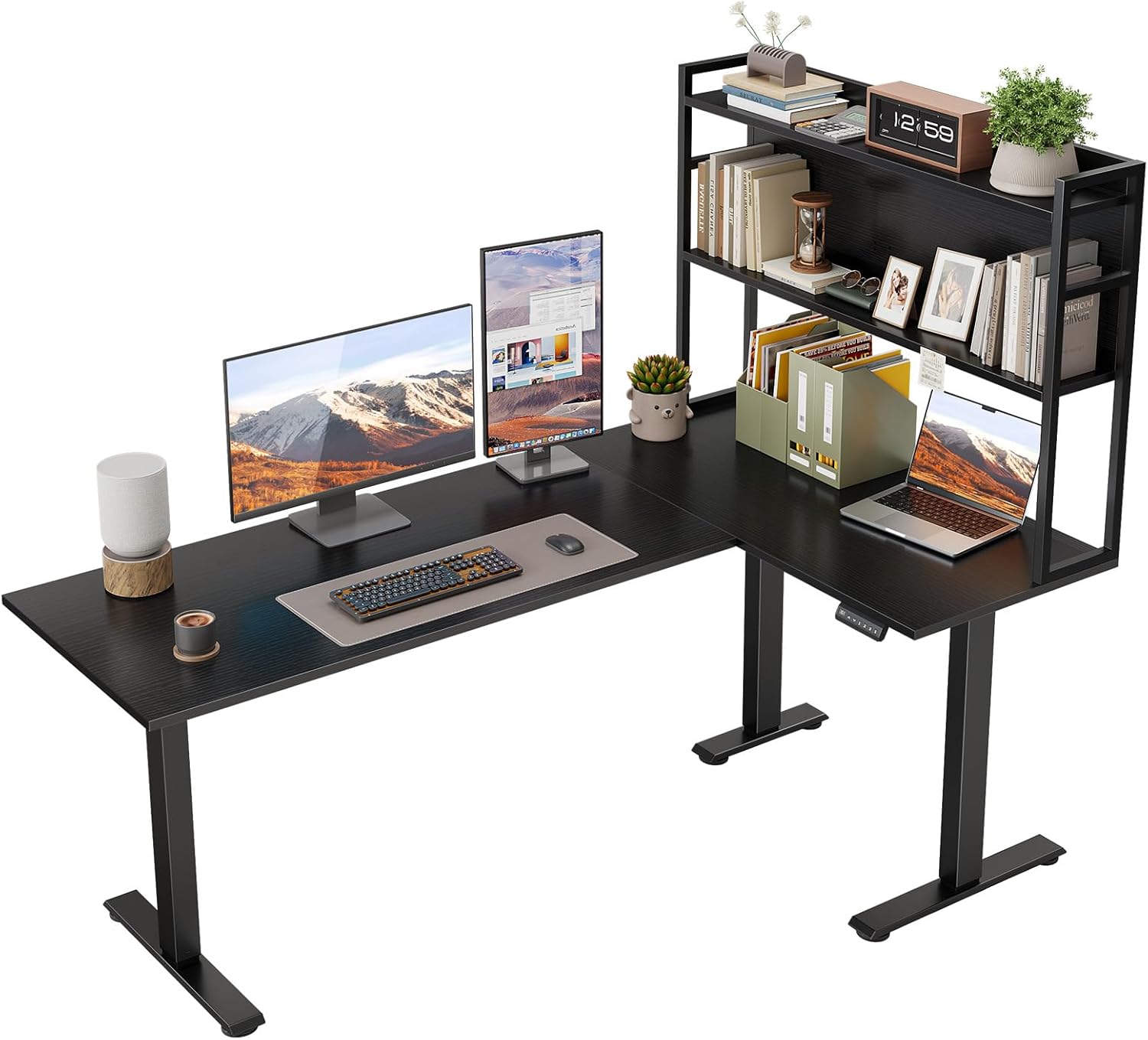 OffiGo L Shaped Electric Standing Desk, 63 Inch Reversible Corner Stand up Table with Hutch, Height Adjustable Ergonomic Large Lift Table for Home Office, Workstation, Black
