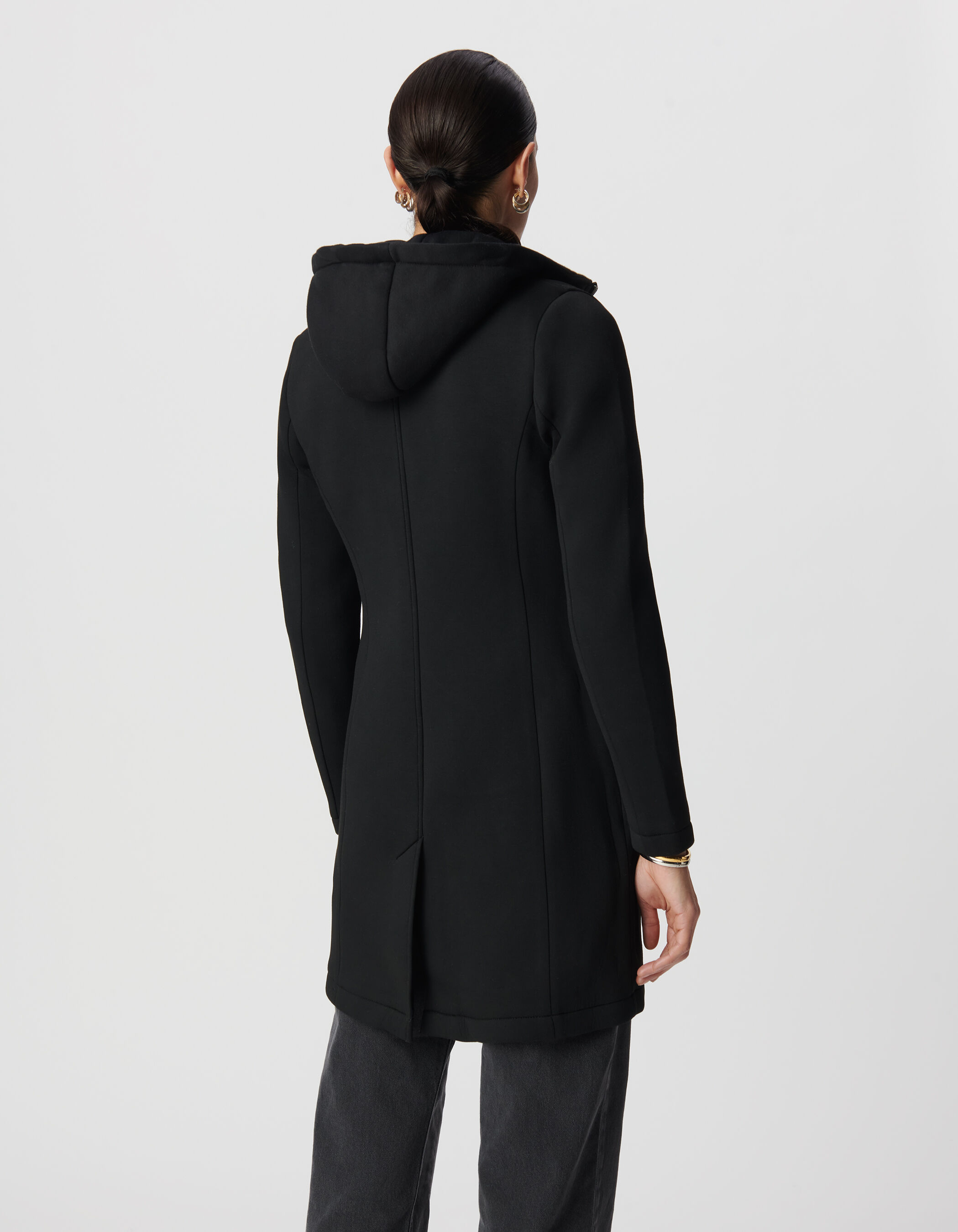 Manteau noir néoprène capuche amovible Femme