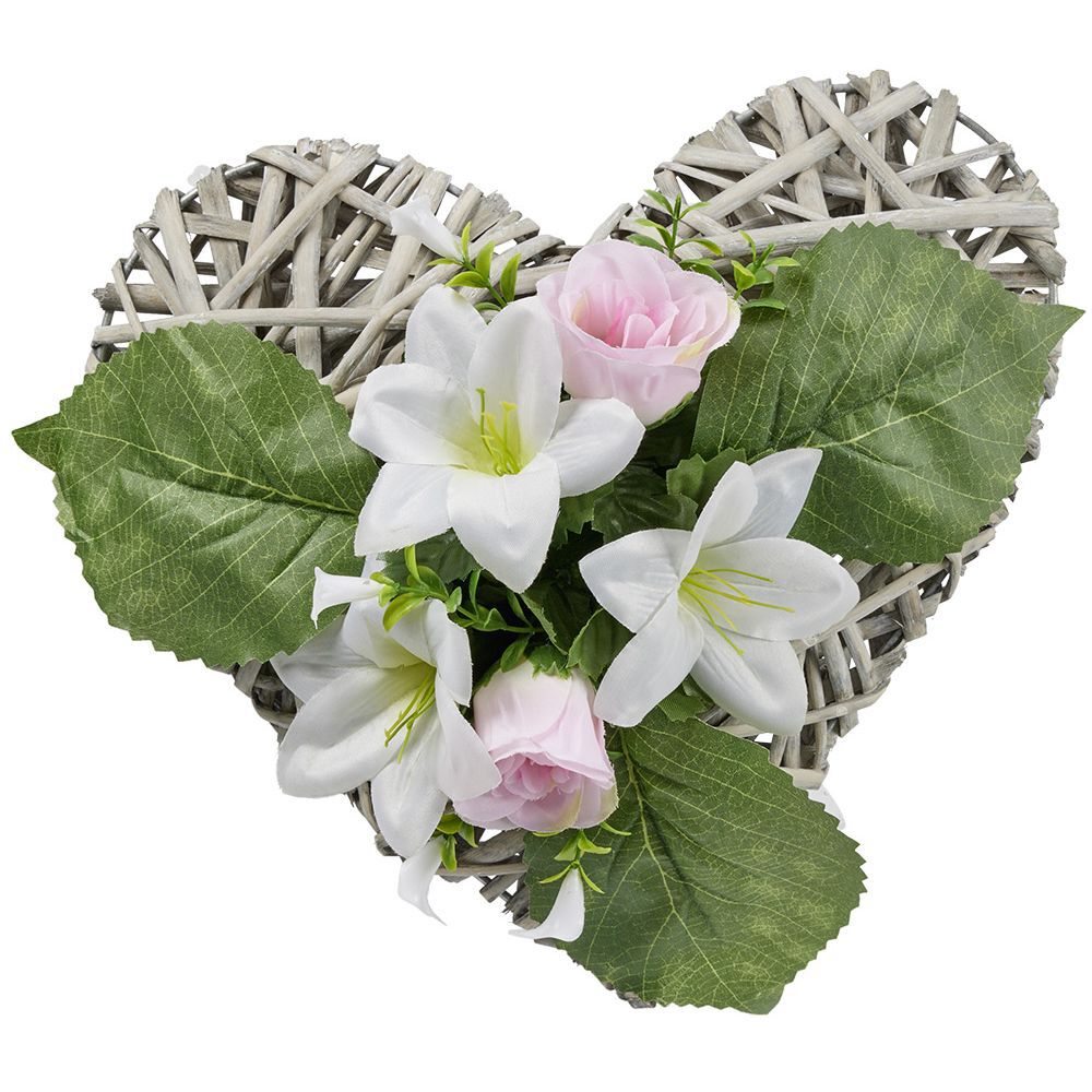 Coeur effet tressé fleur artificielle rose et blanc 30x31xH16cm