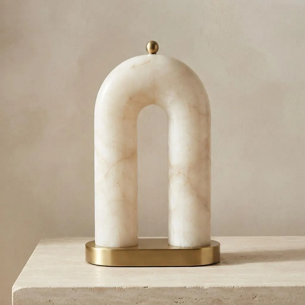 Alabaster Table Lamp, Arched Stone Lamp, Brass Base Nightstand Lamp, Modern Organic Decor, Warm Ambient Bedside Lighting