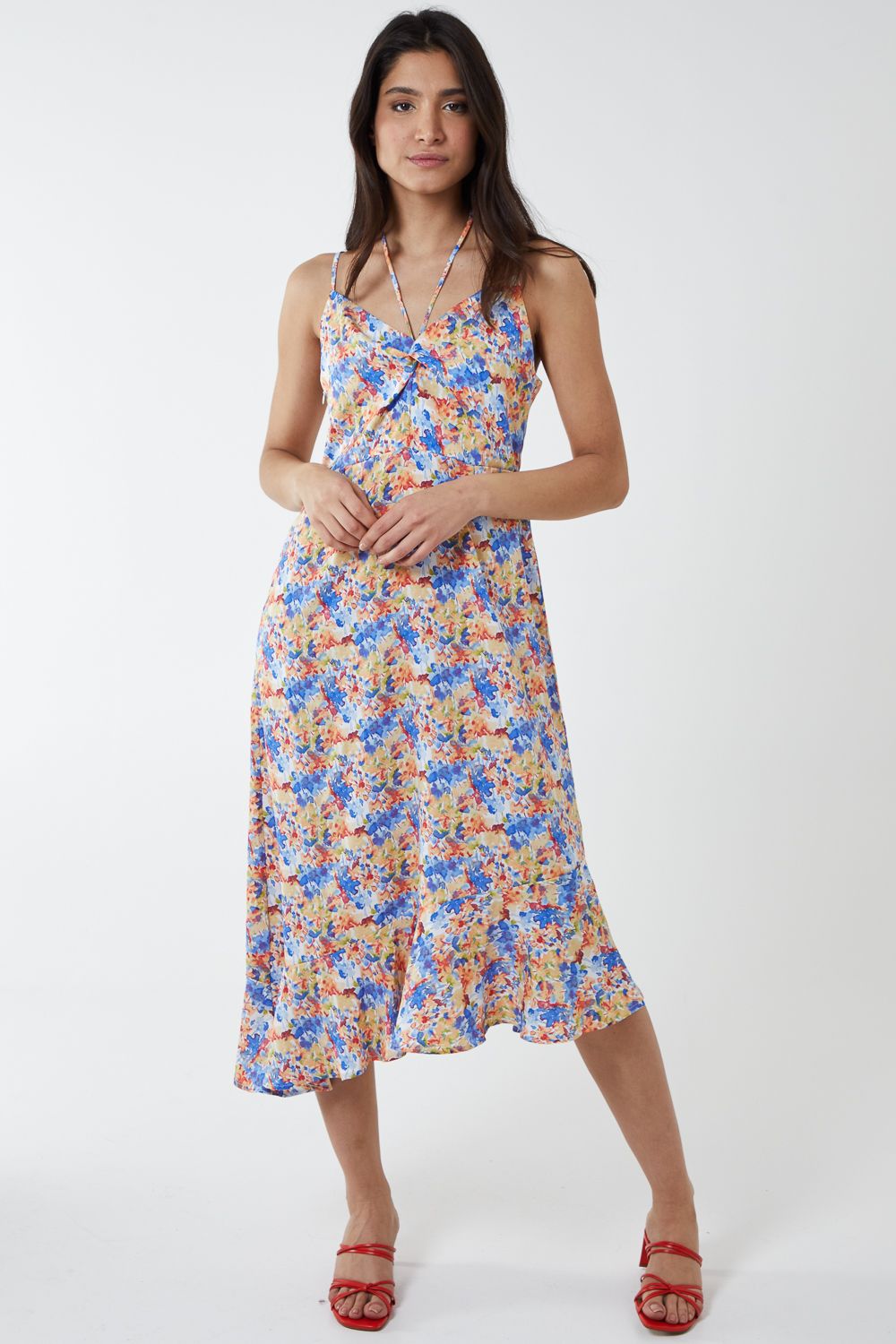 Blue Vanilla Twist Front Floral Print Midi Dress