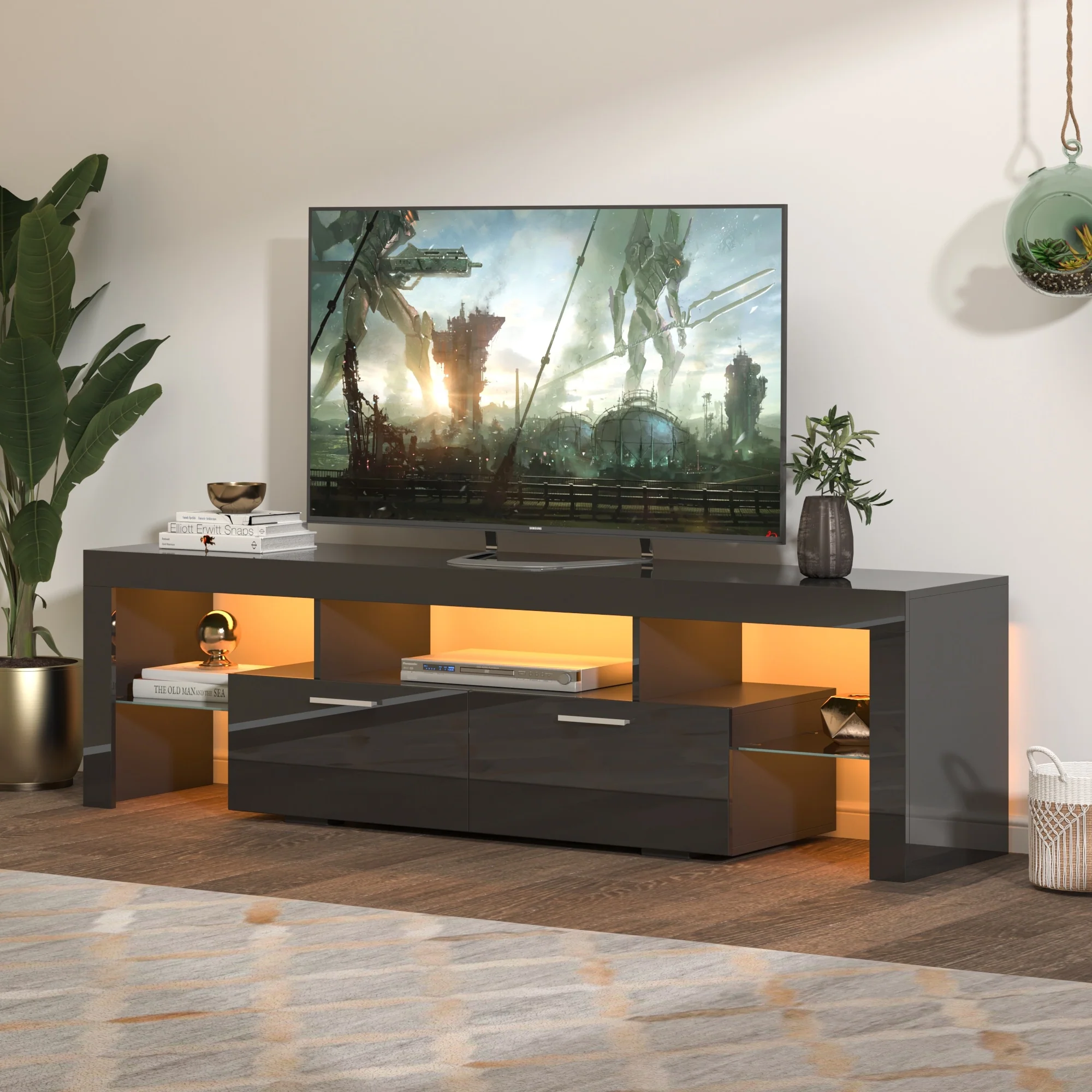 Black 63 TV Stand with LED & Glass Shelf for TVs Up to 65