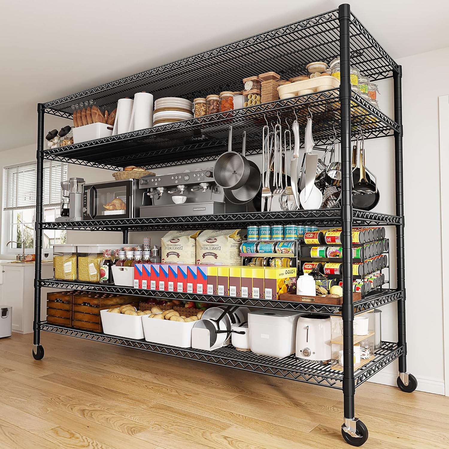 REIBII 85.7H Garage Shelving 2998LBS Storage Shelves with Wheels&Feet,5 Tier Garage Shelves Heavy Duty Adjustable Wire Shelving for Basement Commercial Industrial Pantry, 85.7H X 55.5W X 24.2D