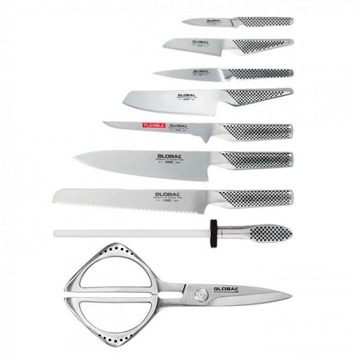 Global Takashi 10 Piece Kitchen Knife Block Set & Minosharp Knife Sharpener 10Pc Japan