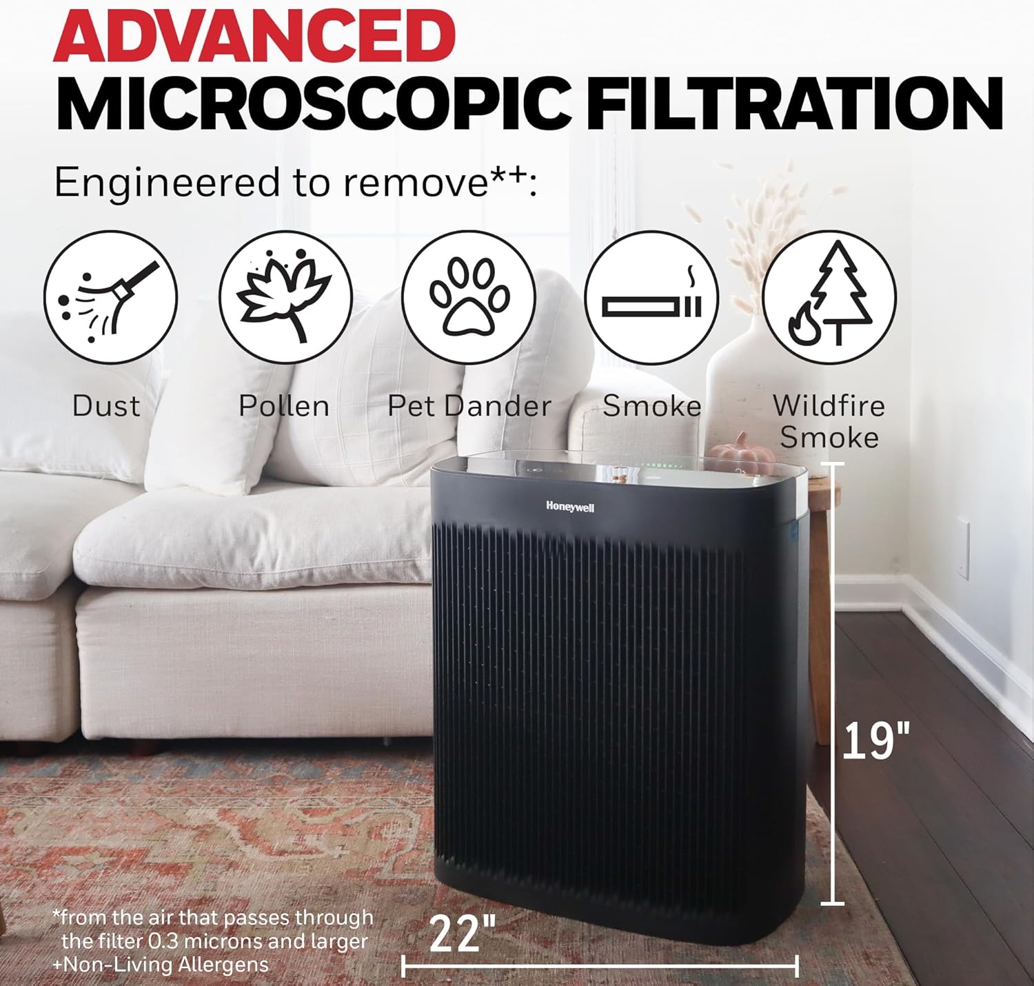 Honeywell HEPA Air Purifier for Home, 2423 Ft² Rooms in 1 hour, Air Quality Monitor, Auto Mode, Reduces Allergens, Dust, Pollen, Pet Dander, Odors, Smoke, Black, HPA5300B