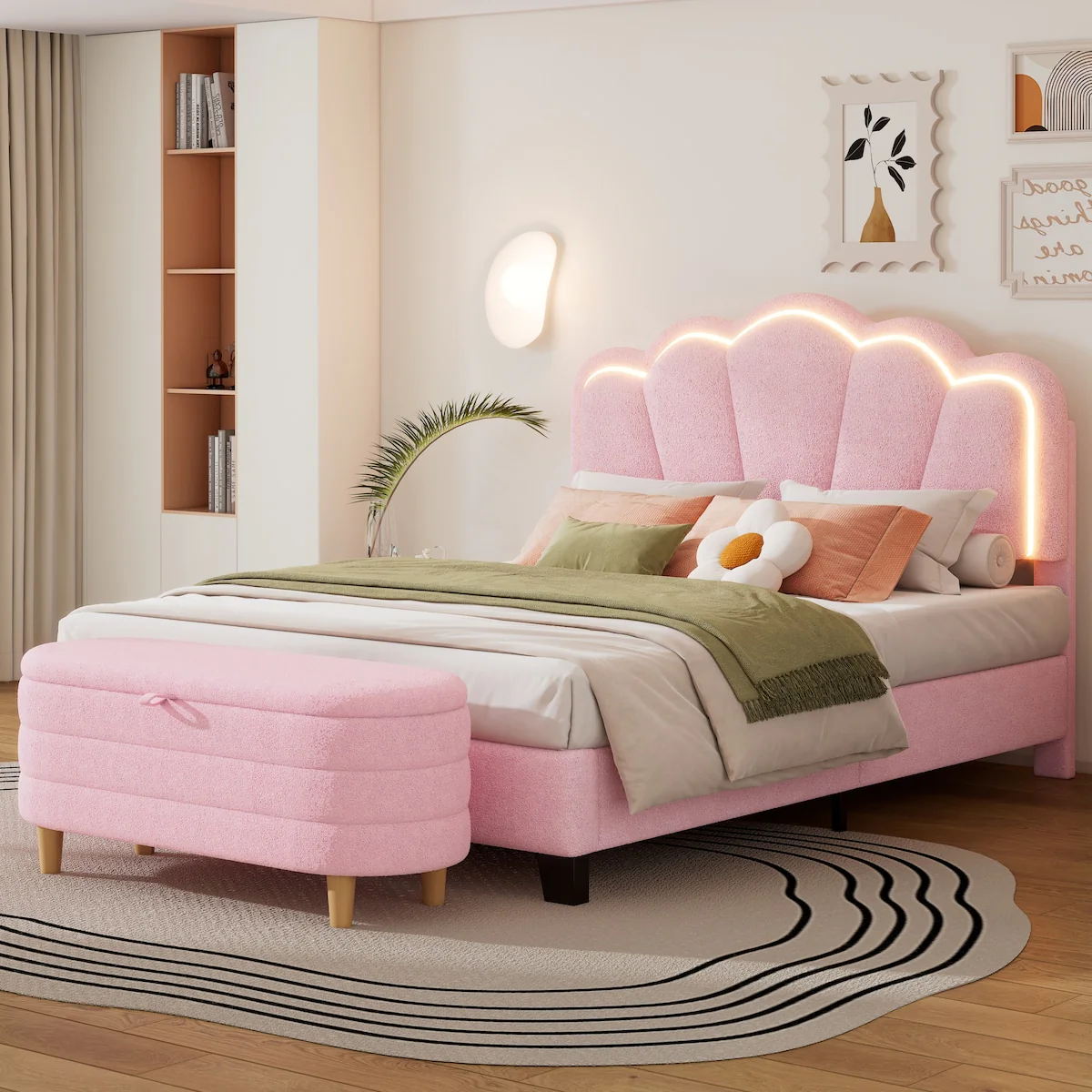 2-Pieces Bedroom Sets Full Size Flower-Shaped Upholstered LED Platform Bed with Storage Ottoman-Sherpa Fabric