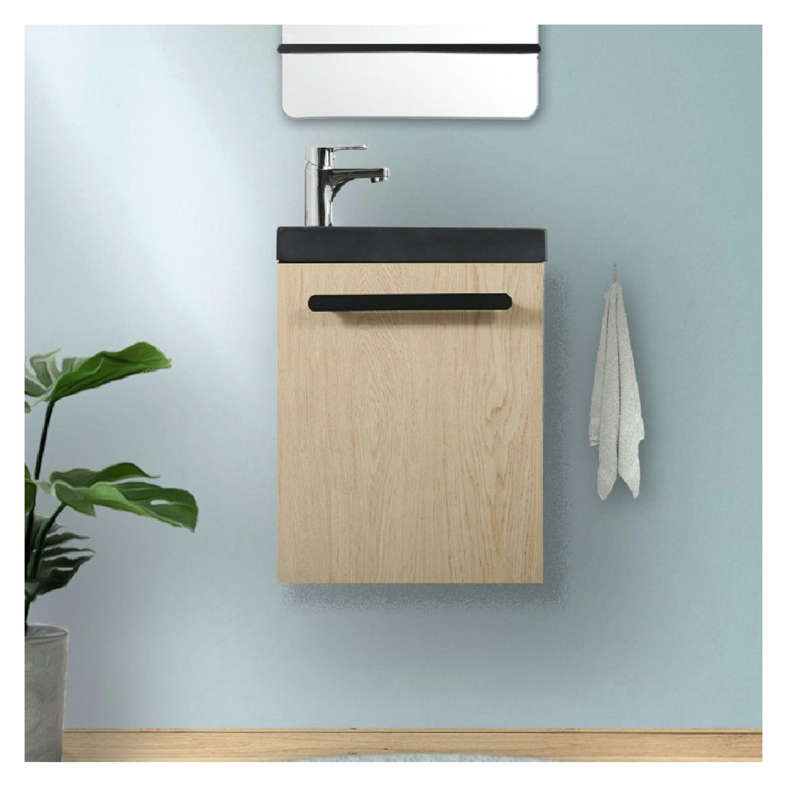 NEVADA - Meuble lave-mains NEVADA Décor chêne vasque noire + robinet chromé