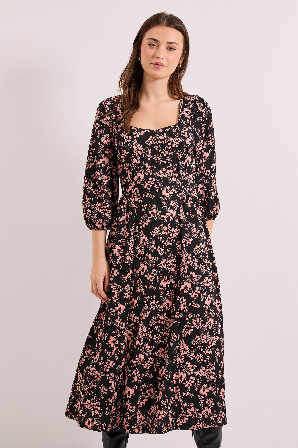Dorothy Perkins Floral Sweetheart Neck Dropped Waist Seam Jersey Midi Dress