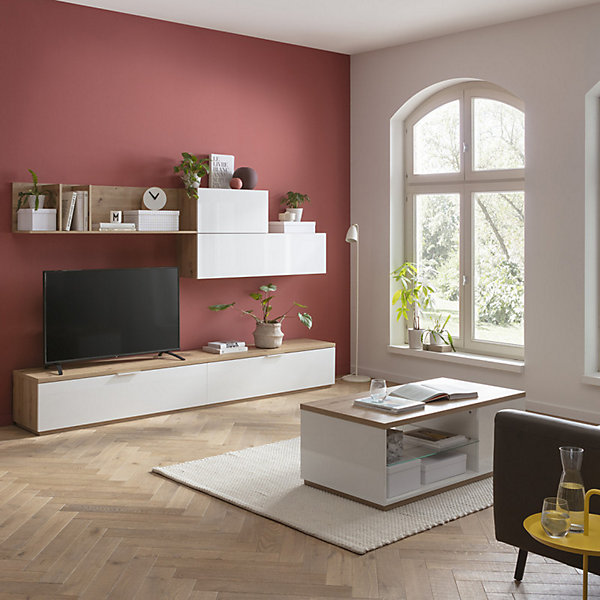 Etagère murale asymétrique 270 cm décor chêne blanc laqué - VERONICA