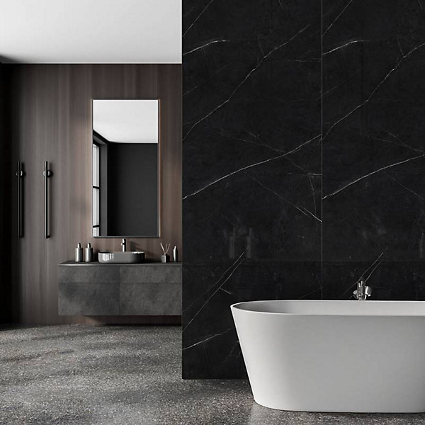 Panneau Mural Douche SPC/PVC Décor Marbre Noir satiné - 90x260cm - 2,34M²