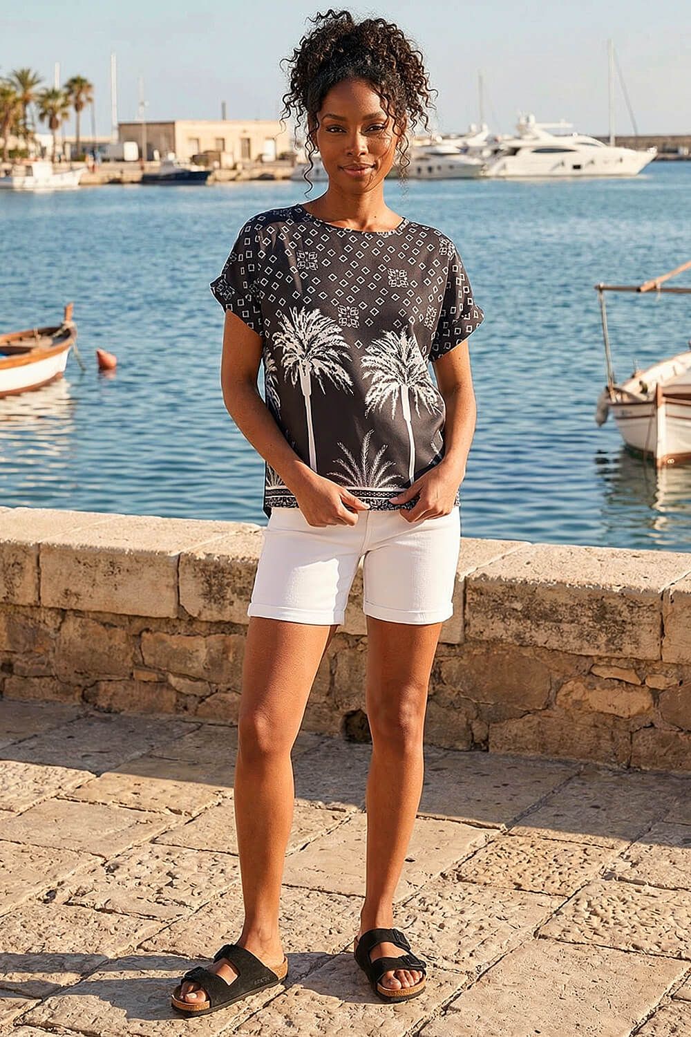 Roman Palm Print Jersey Back Top