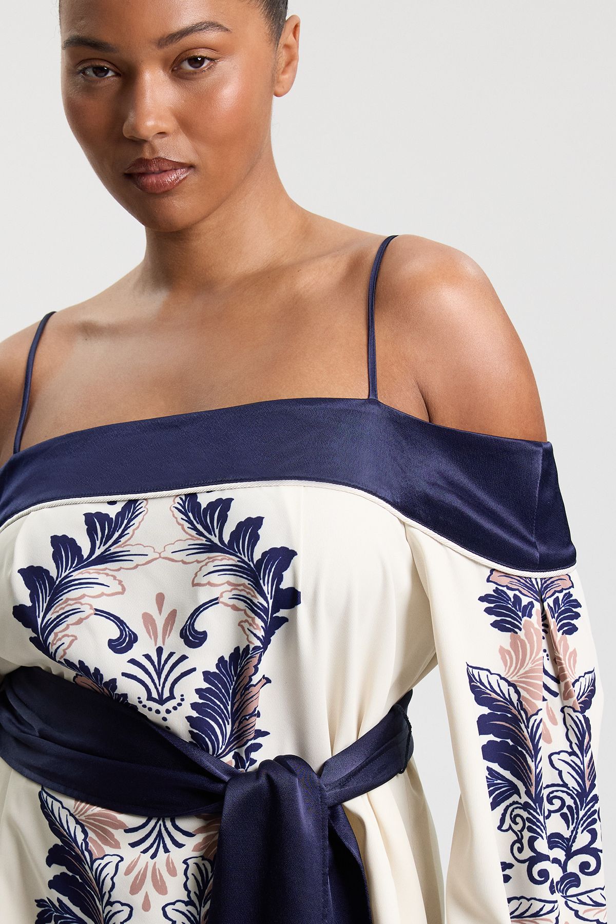 KarenMillen Plus Size Scarf Print Belted Woven Bardot Top