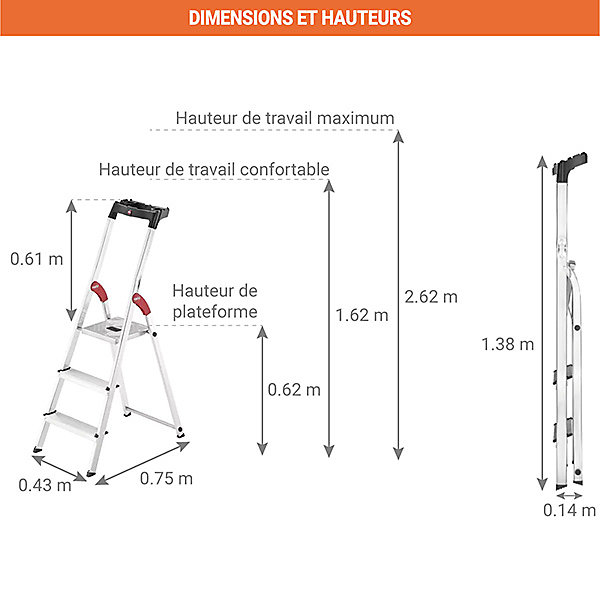 Escabeau 3 marches - Hauteur max. de travail 2.12m - 8503-001