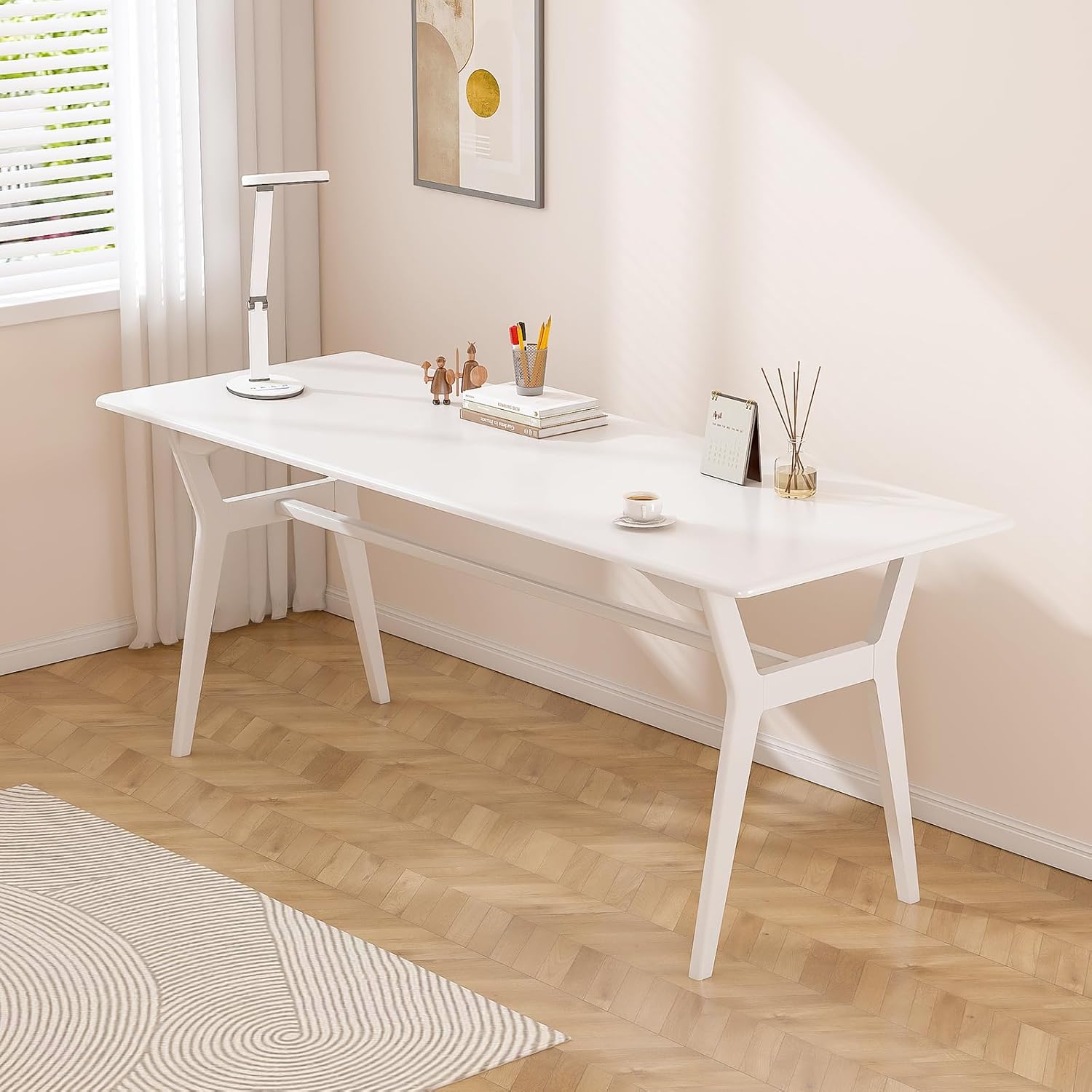 Solid Wood Study Desk - 63 Double Long Computer Table for Home Office, 2-Person PC Workstation, White