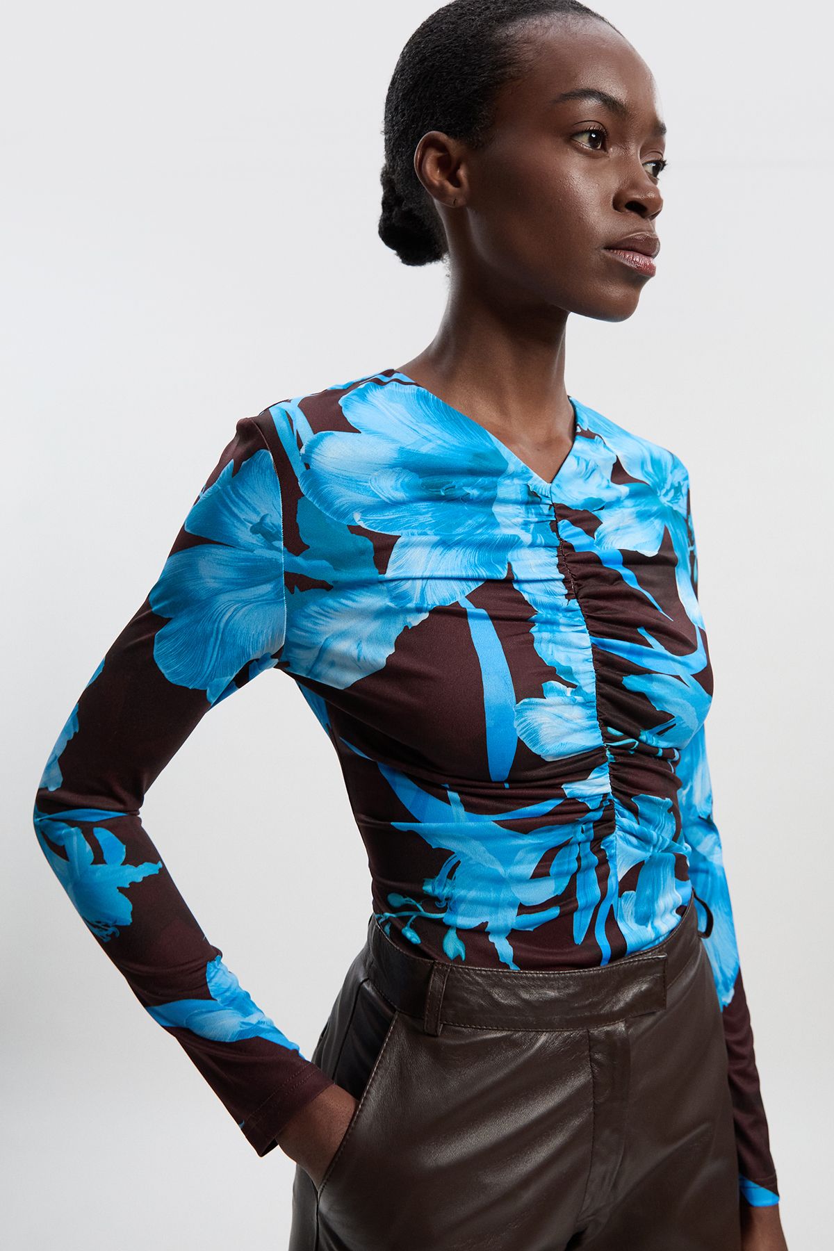 KarenMillen Floral Print Crepe High Neck Top