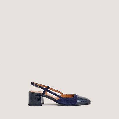 Slingbacks à petits talonsen vernis et velours marine | DHAPOPY