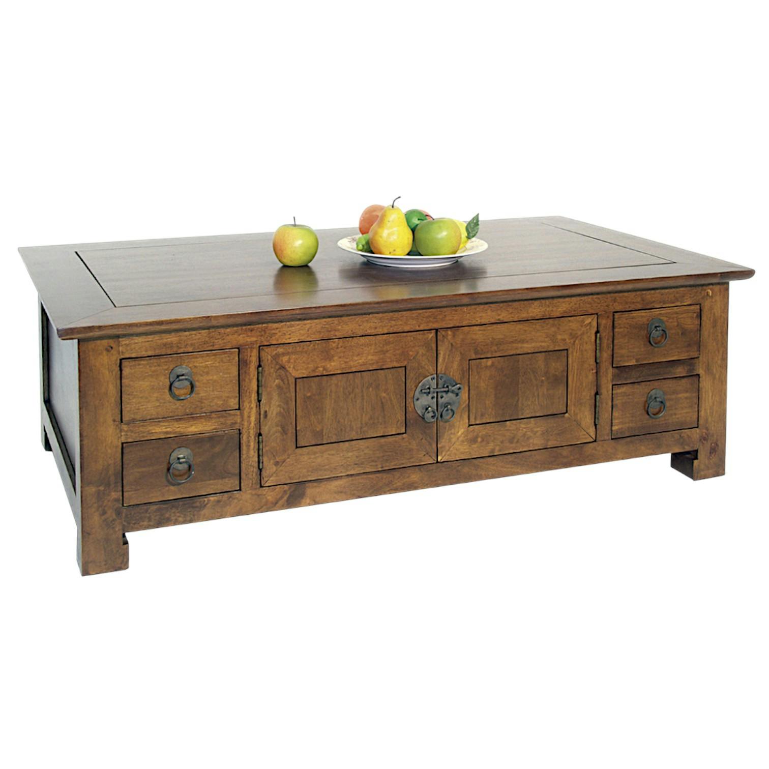 Table basse rectangle avec 4 portes et 8 tiroirs 120x70x40cm MAORI
