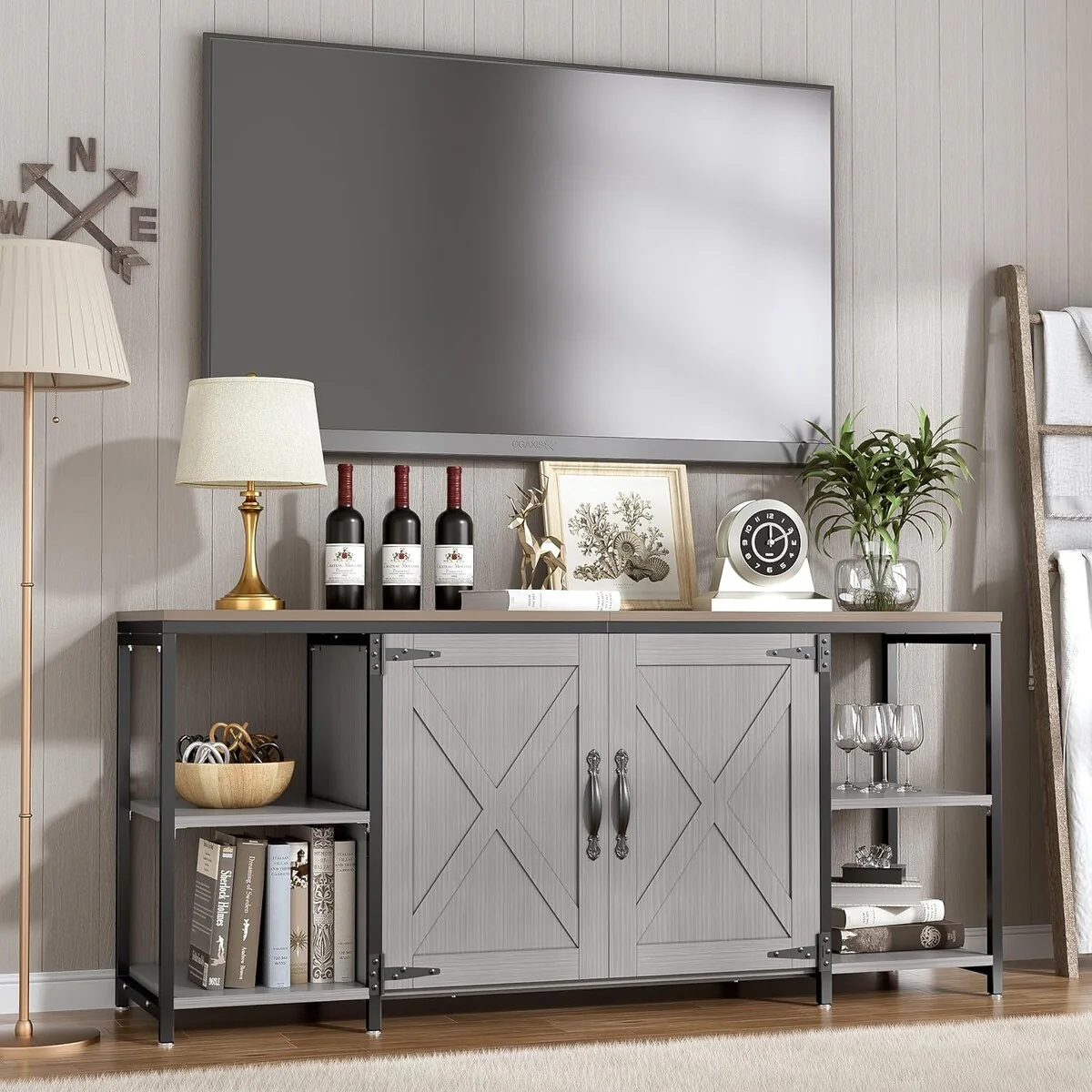 58 Inch Farmhouse TV Stand for up to 65 TV with Doors and Open Shelves