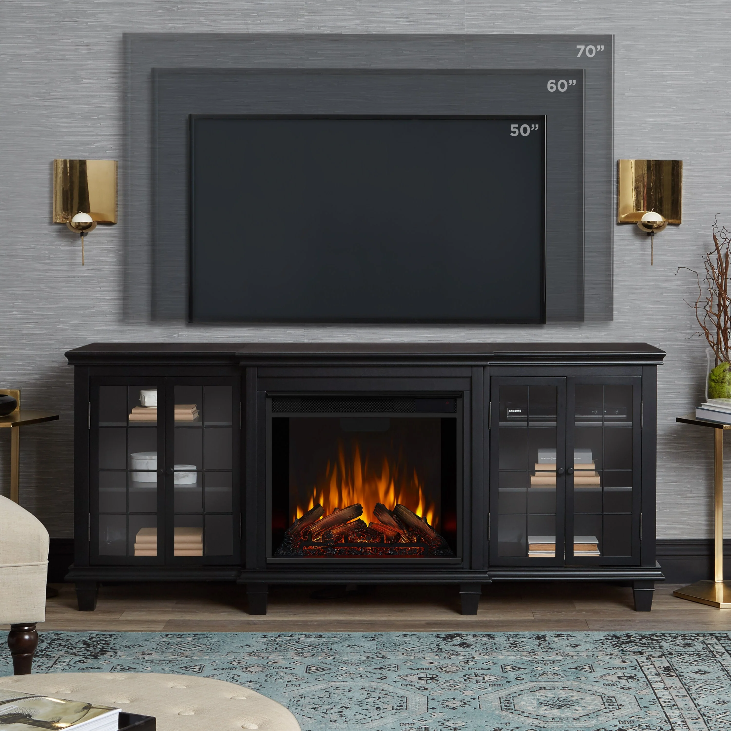Marlowe 70 TV Stand Black Electric Fireplace