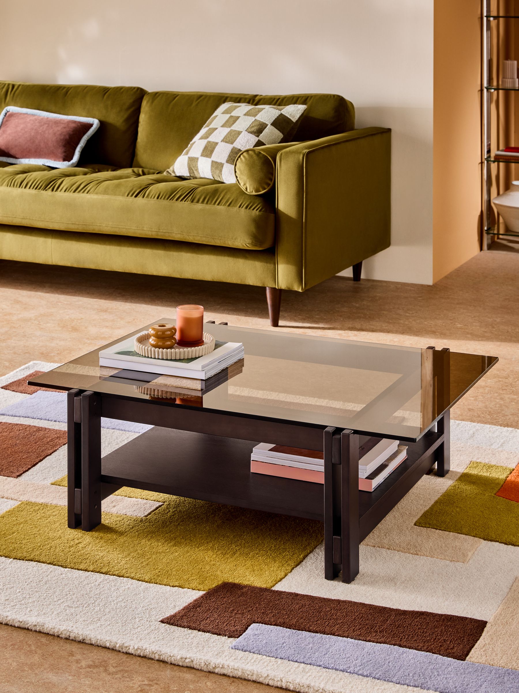 Ellery Glass Rectangular Coffee Table in Dark Stained Oak
