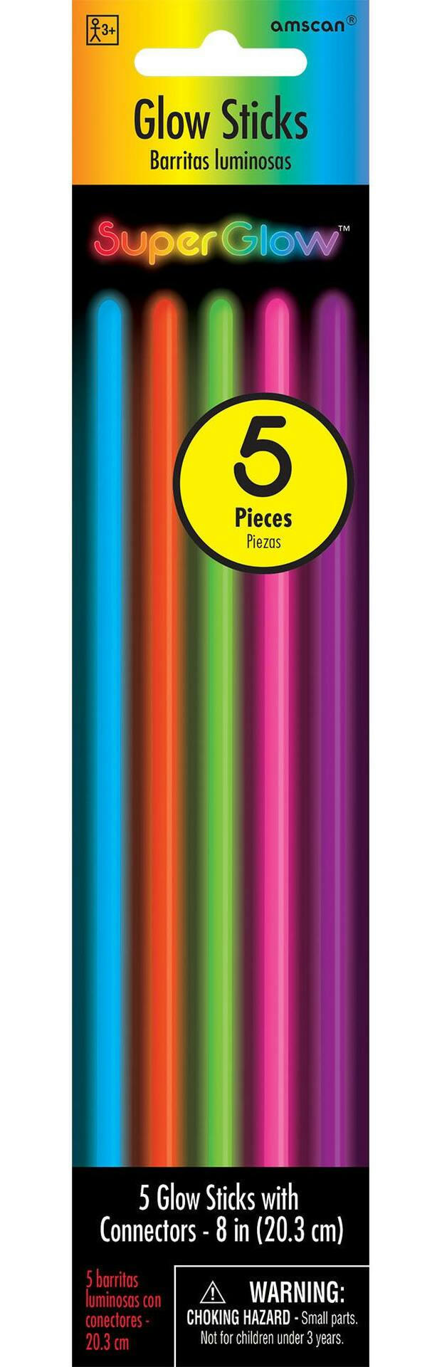 Neon Glow Sticks, Assorted, Multicolour, 8-in, 5-pk, Age 13+
