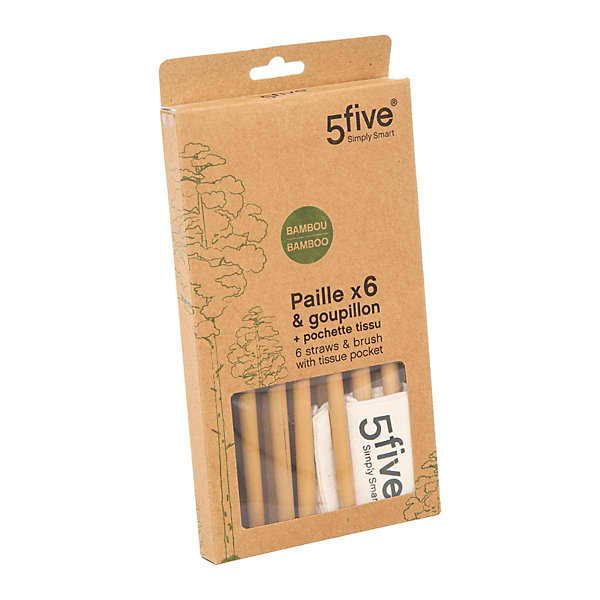 Lot de 6 pailles bambou avec sac/goupillon - 5Five