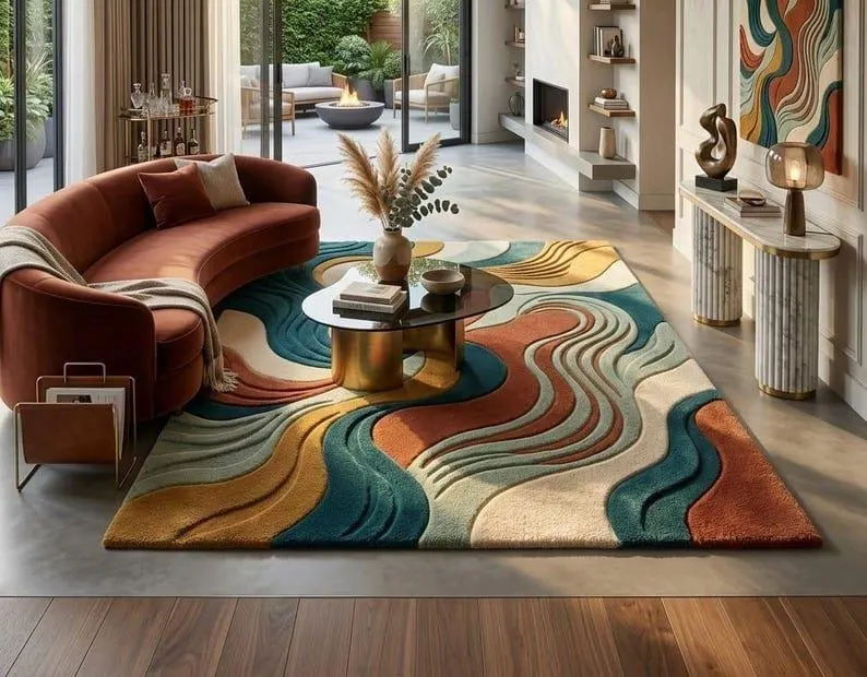 Luxury Handmade Modern Abstract Area Rug for Living Room Home Decor Wavy Pattern Carpet