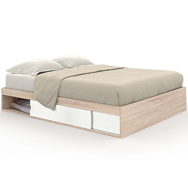 Cadre de lit double SALEM avec rangements et sommier 140 x 190 cm façon hêtre et blanc
