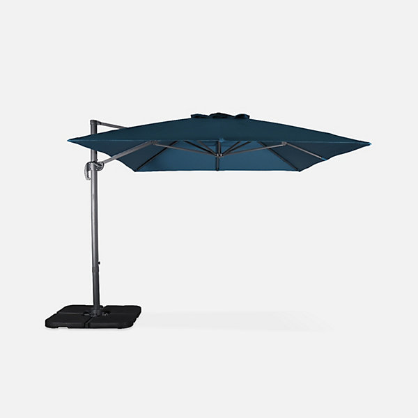 Parasol déporté rectangulaire bleu canard 3x4m   dalles à lester 50x50cm