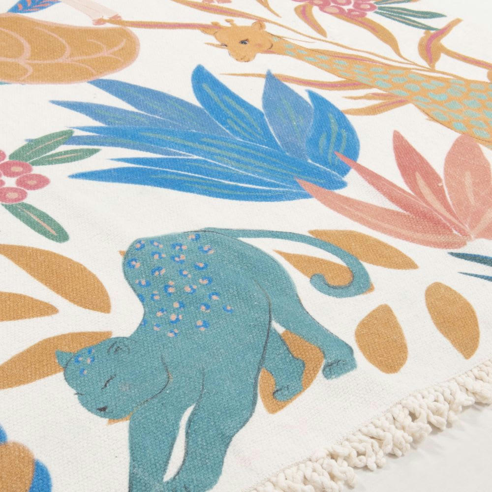 MADRID - Tapis enfant tissé en coton recyclé imprimé animalier multicolore à franges 120x180
