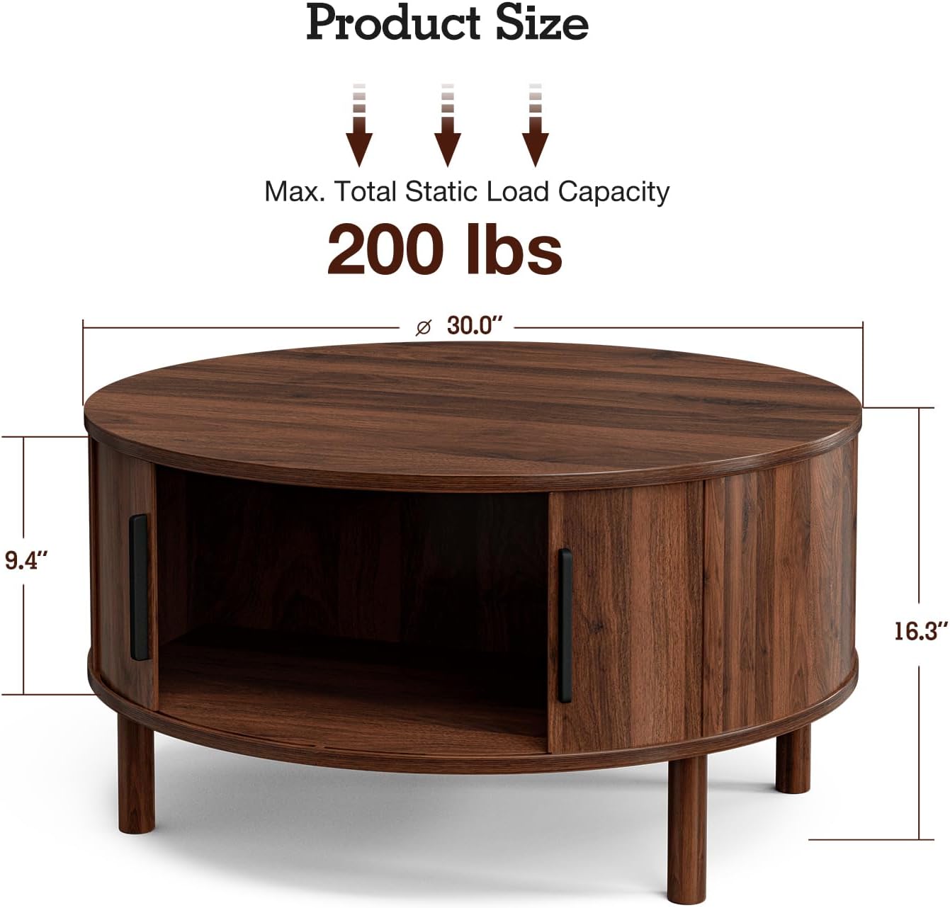 ZttRiee Coffee Table for Living Room, Modern Round Coffee Table with Cabinets & Sliding Doors, Home Small Space, 29.9 Fluted Center Table, Walnut