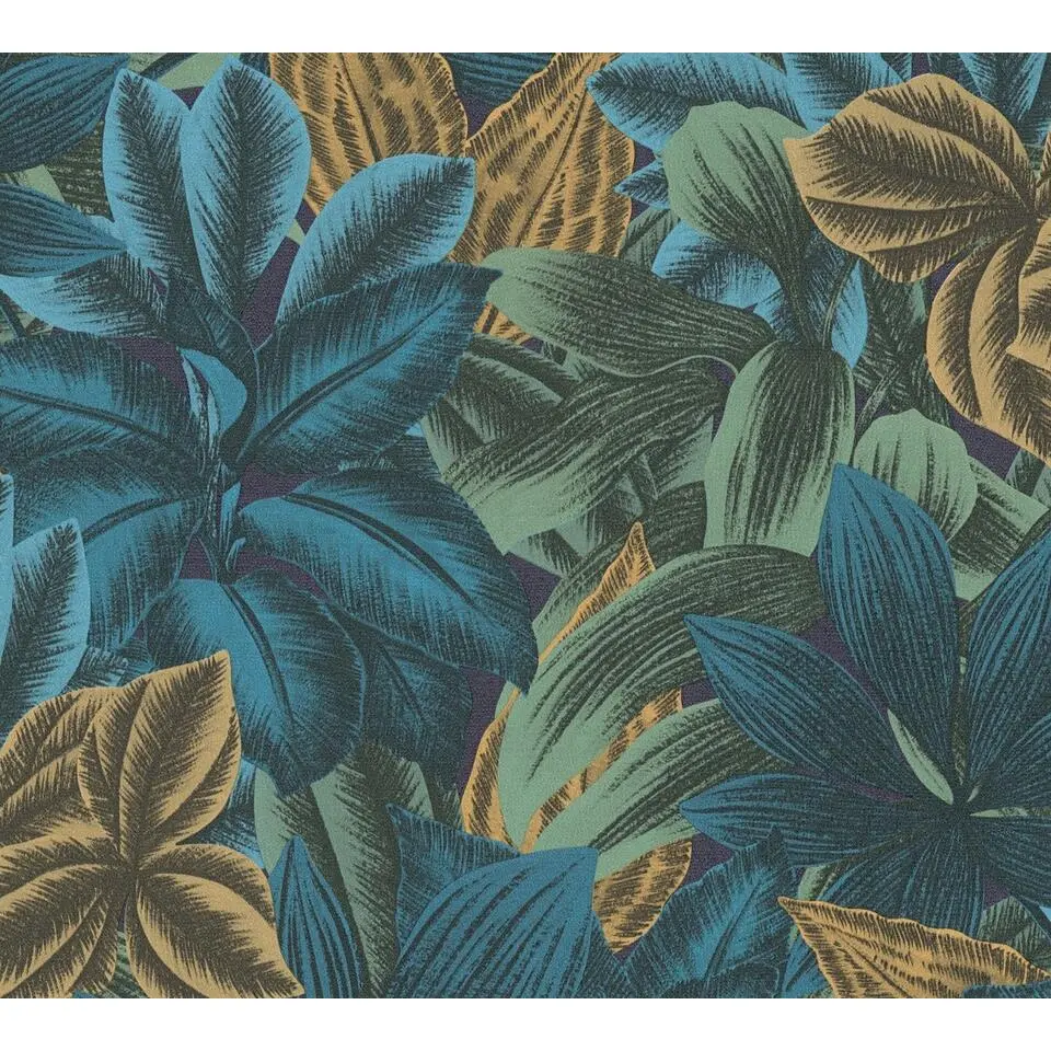 Livingwalls behang jungle-motief blauw, oranje, lila paars en groen