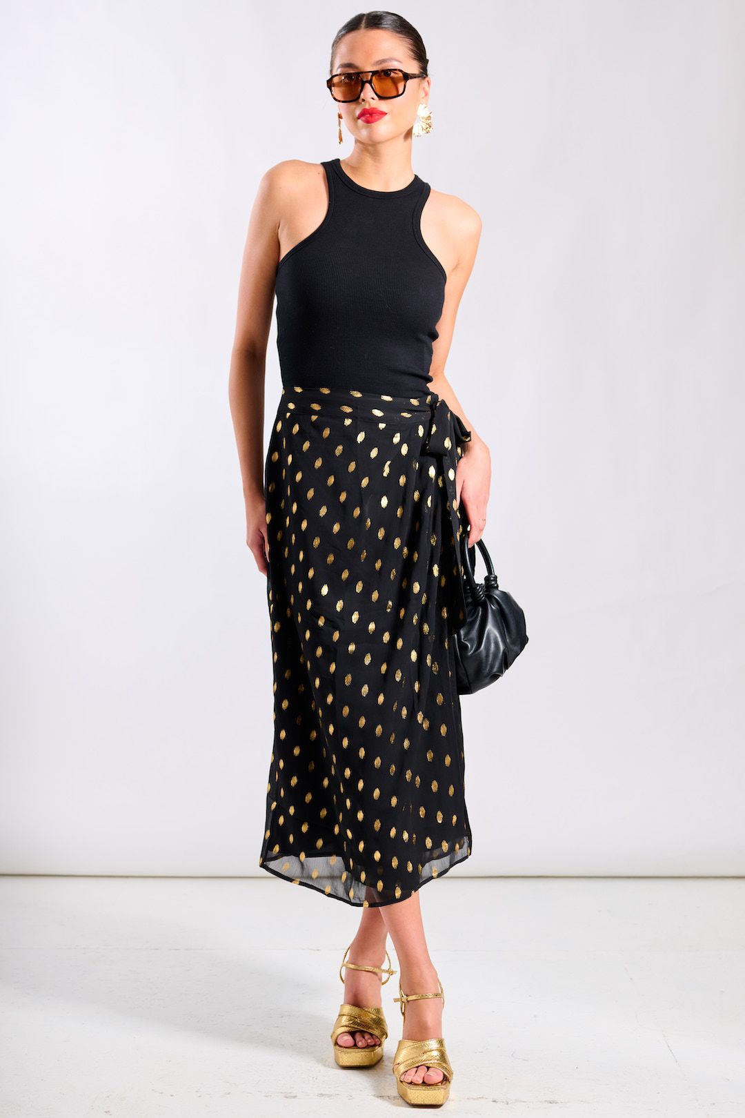 Needs No Label Black Foil Wrap Midi Skirt