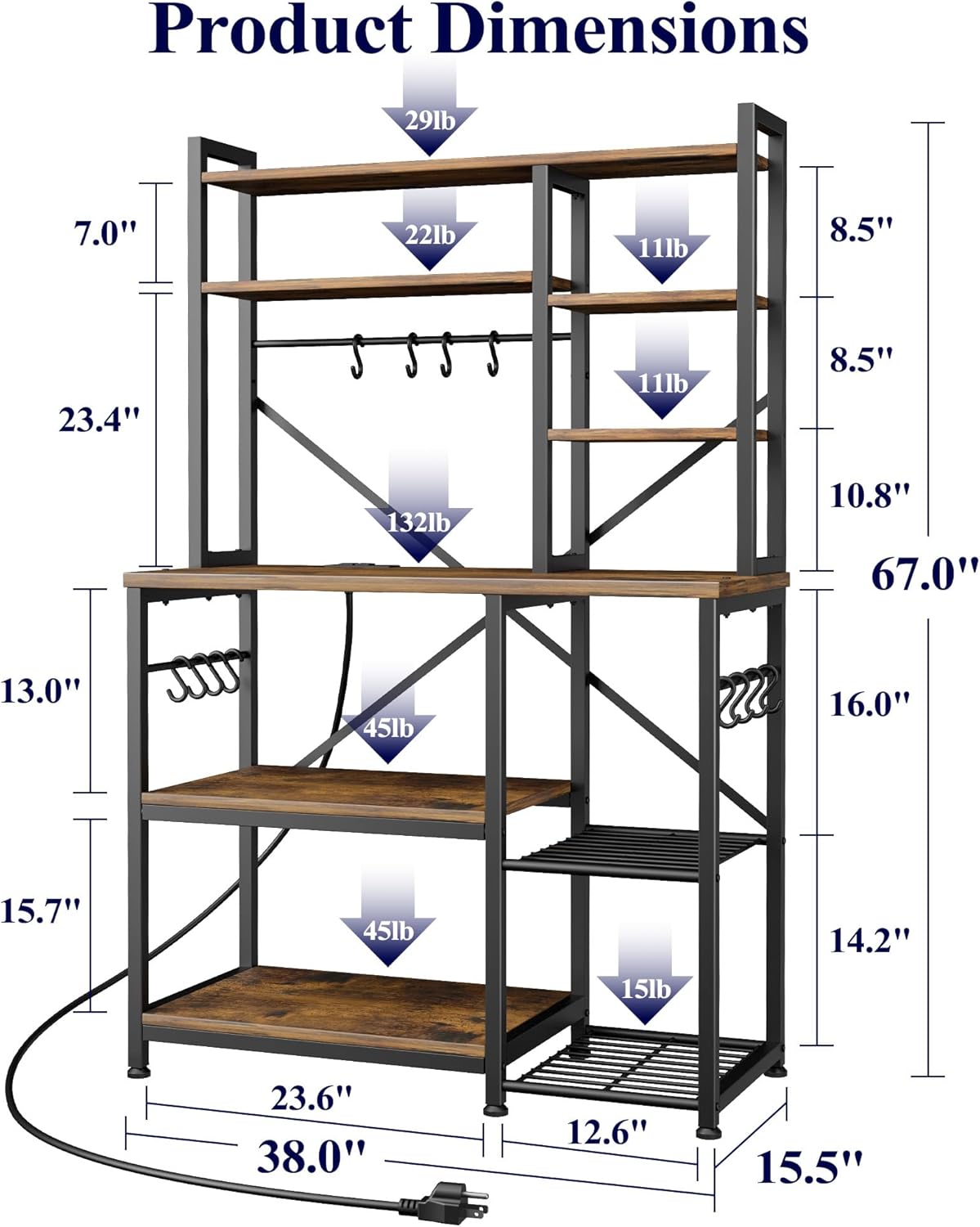 Kitsure Baker's Rack with Power Outlet - Storage Rack with Kitchen Shelves and 12 Hooks, Versatile Coffee Bar and Microwave Stand for Appliances, Pantry, Home Organization,Brown, 38.0 x 15.5 x 67.0