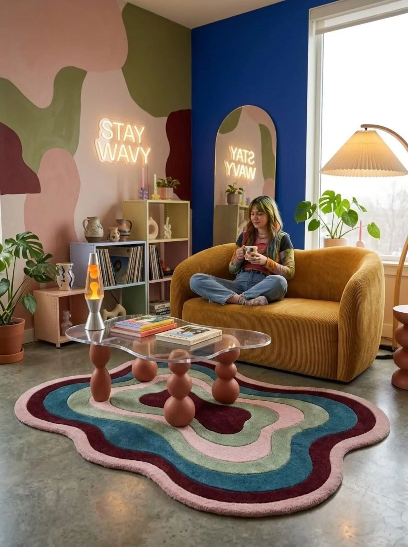 Custom Irregular Wavy Tufted Wool Rug, Abstract Pastel Aesthetic Area Rug, Funky Contour Floor Carpet for Bedroom Living Room Home Decor