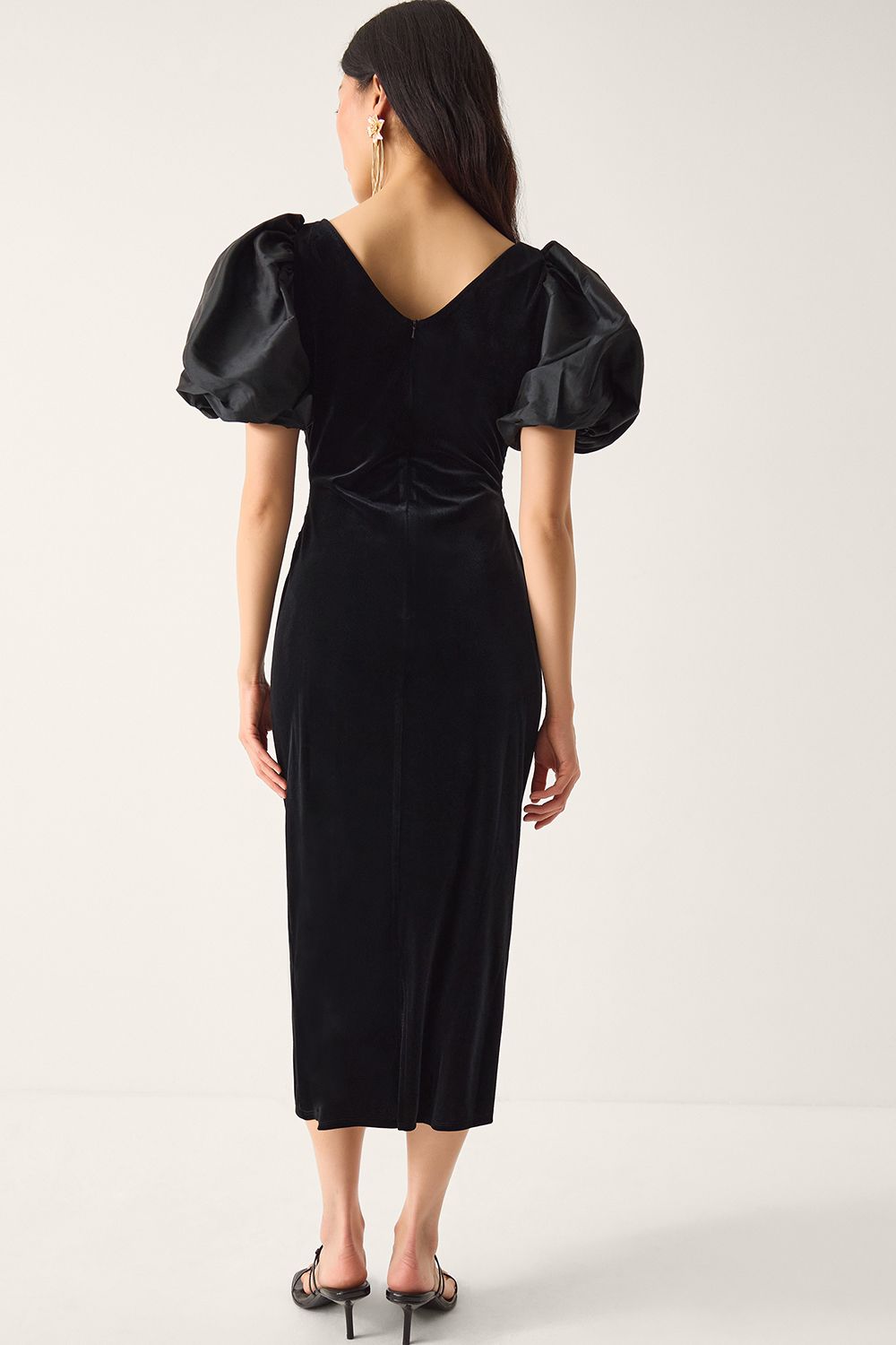 Monsoon Sadie Puff Sleeve Velvet Midi Dress Black