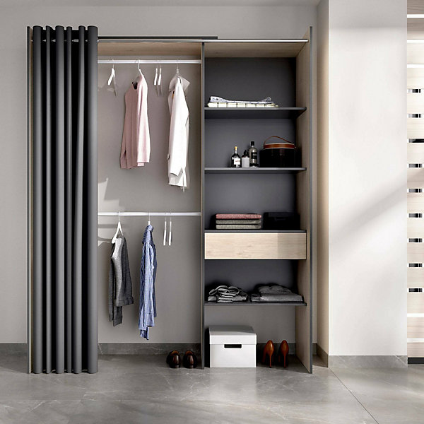 Grande Garde-robe Arim, Structure pour dressing avec rideau, Cintre ouvert, 160x50h205 cm, Chêne et Anthracite