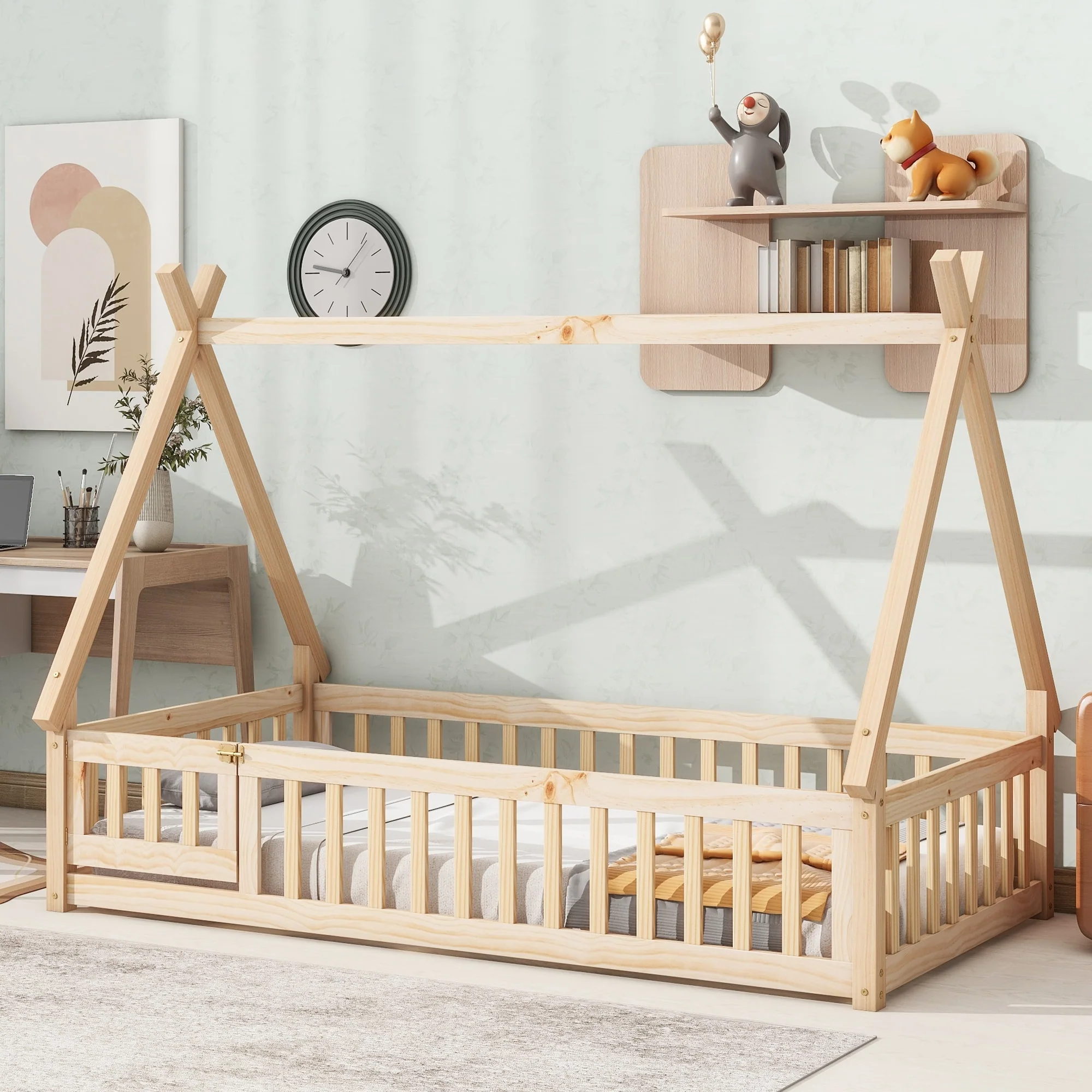 Twin Size Pine Tent-shaped Floor Bed with Guardrails & Door