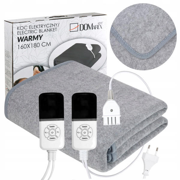 Duży Koc 180x160 Elektryczny Rozgrzewający XL Pilot LCD Timer Szary