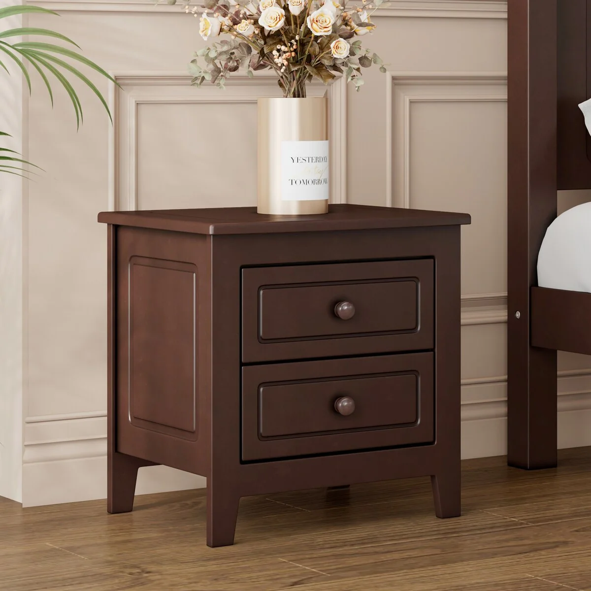Mid-century Retro Dark Walnut Nightstand/Bedside Table with 2-Drawer for Bedroom