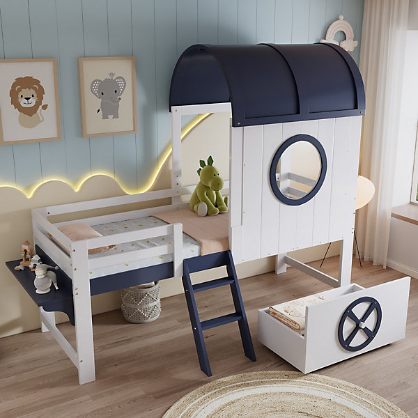 Lit enfant 90x200 cm - Lit Cabane avec Rangement et design Marin - Pin et MDF - Sans Matelas - Blanc   Bleu foncé