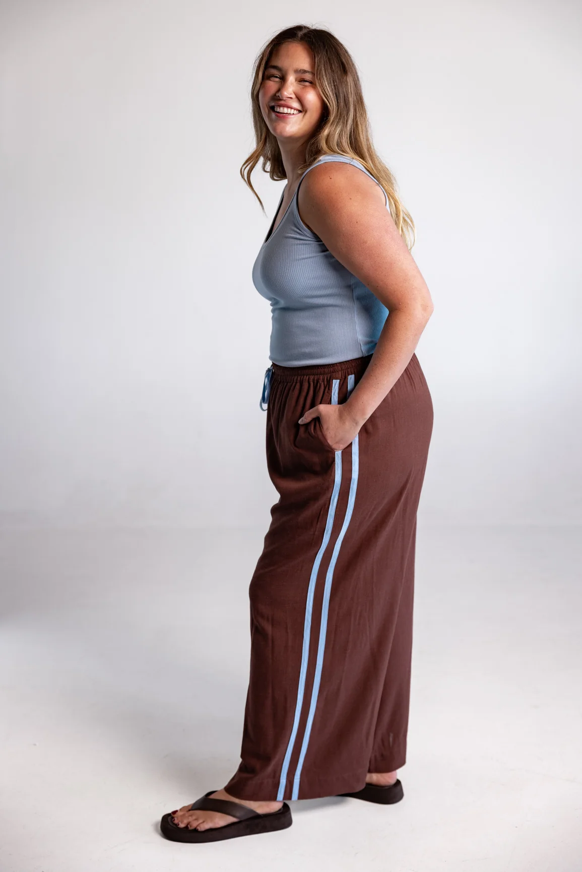 Side Stripe Linen Blend Pants in Dark Chocolate & Baby Blue