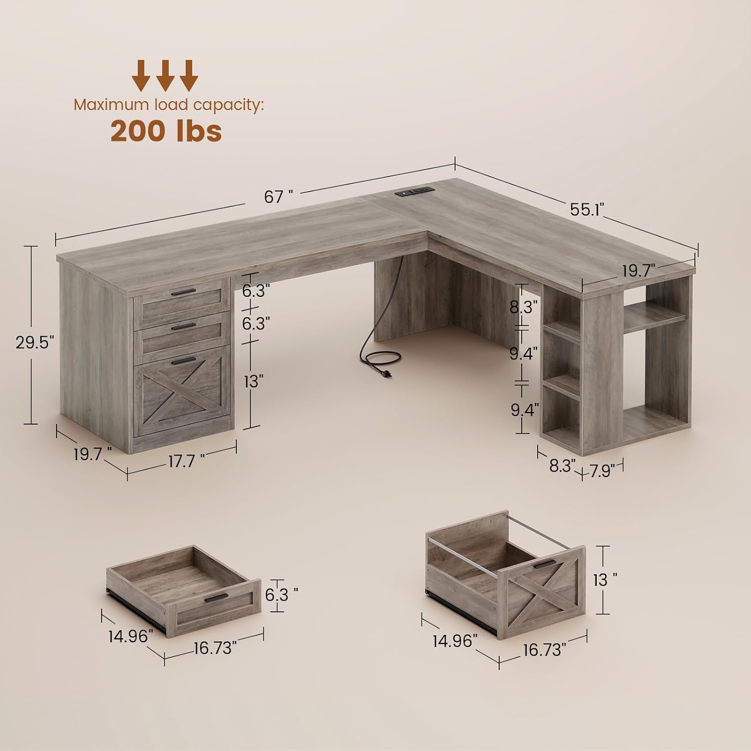 SEDETA Farmhouse 67 L Shaped Desk with 3 Drawers, Executive Desk, Home Office Desks with Storage Shelves, Corner Computer Desk with Power Outlets for Home Office, Grey