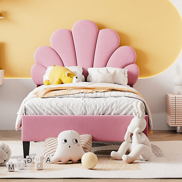 Lit rembourre 90 sur 200 cm avec tete de lit fleurie en velours doux cadre avec sommier lit dappoint rose