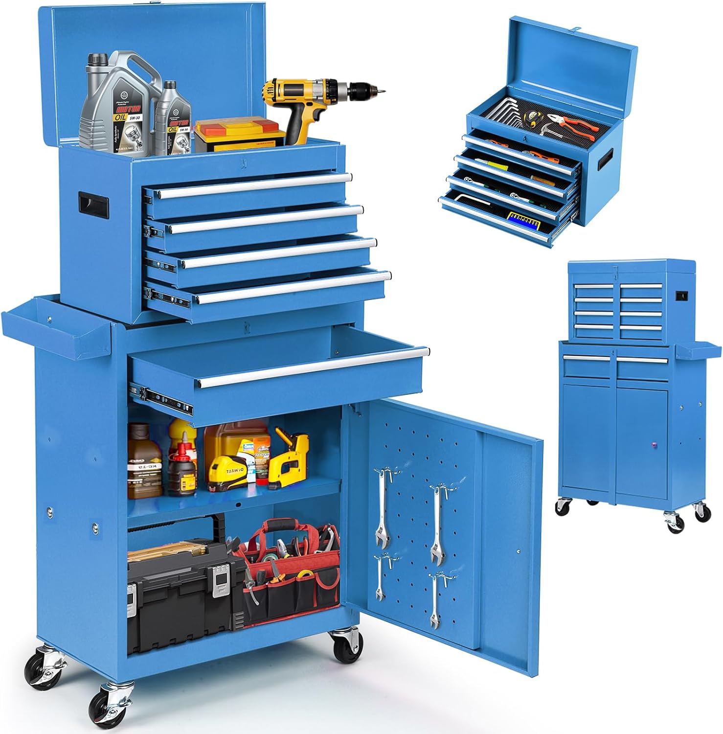 Dawmilon 5-Drawer Rolling Tool Chest with Wheels - Large Tool Storage Cabinet with Detachable Toolbox for Repair Room, Warehouse - Rolling Tool Box with Hooks, Liners, Blue