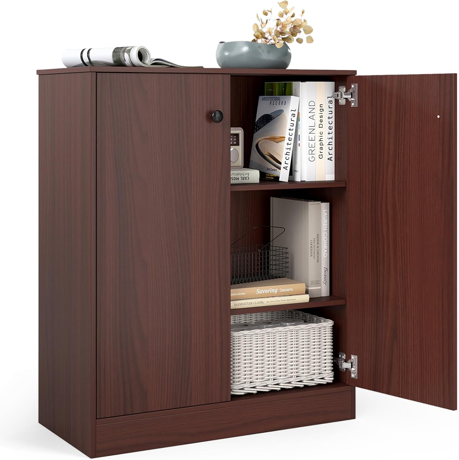 Giantex 2 Door Storage Base Cabinet - Freestanding Floor Cabinet with 3-Tier Shelf, Non-Slip Foot Pads, Kitchen Cupboard Storage Organizer for Living Room, Hallway, Entryway, Office (Brown)