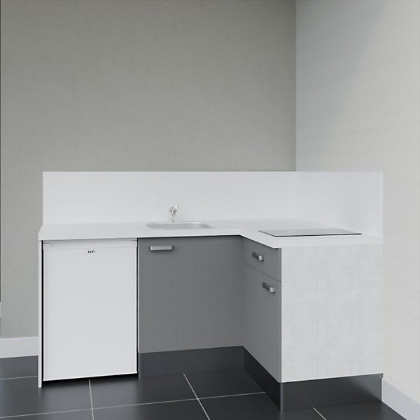 Kitchenette KA01 façades Gris - Plan de travail Blanc - Crédences : Oui - Evier inox - Electroménager Blanc inclus